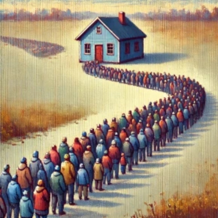 Massive line of people lined up leading to a small blue building