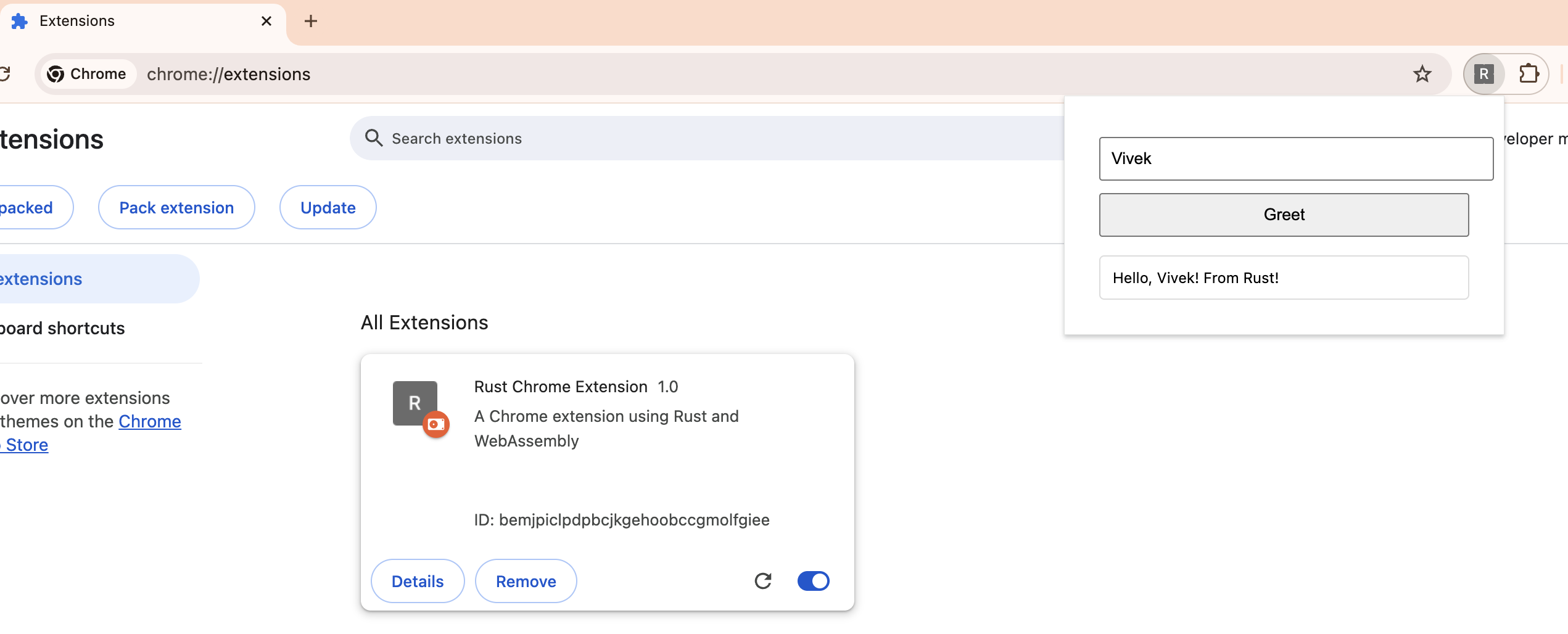 Chrome extension popup interface showing a greeting message 'Hello, Vivek! From Rust!' with an input field and Greet button