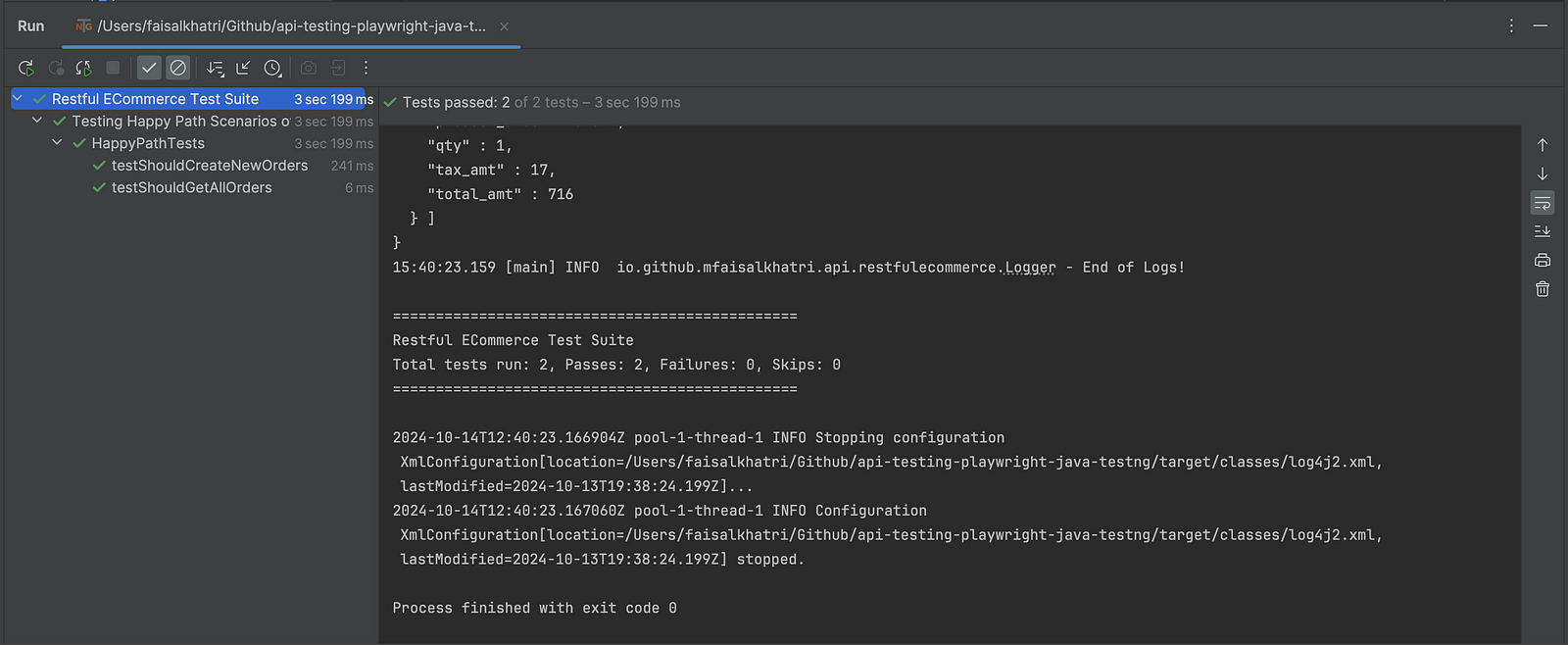 The response is printed in the console after executing the POST and GET API requests