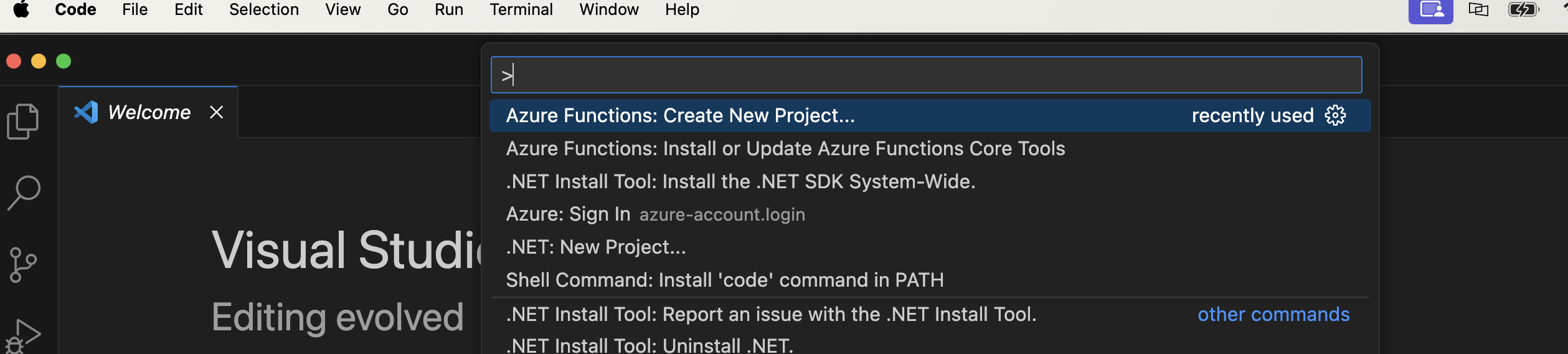 Search for Azure Functions: Create New Project