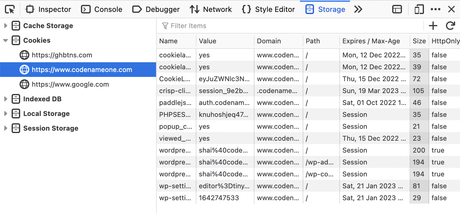 Storage tab in Firefox