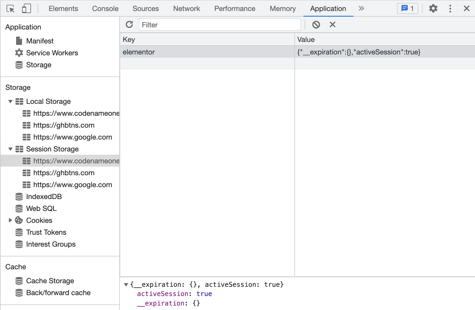 Application tab in Chrome
