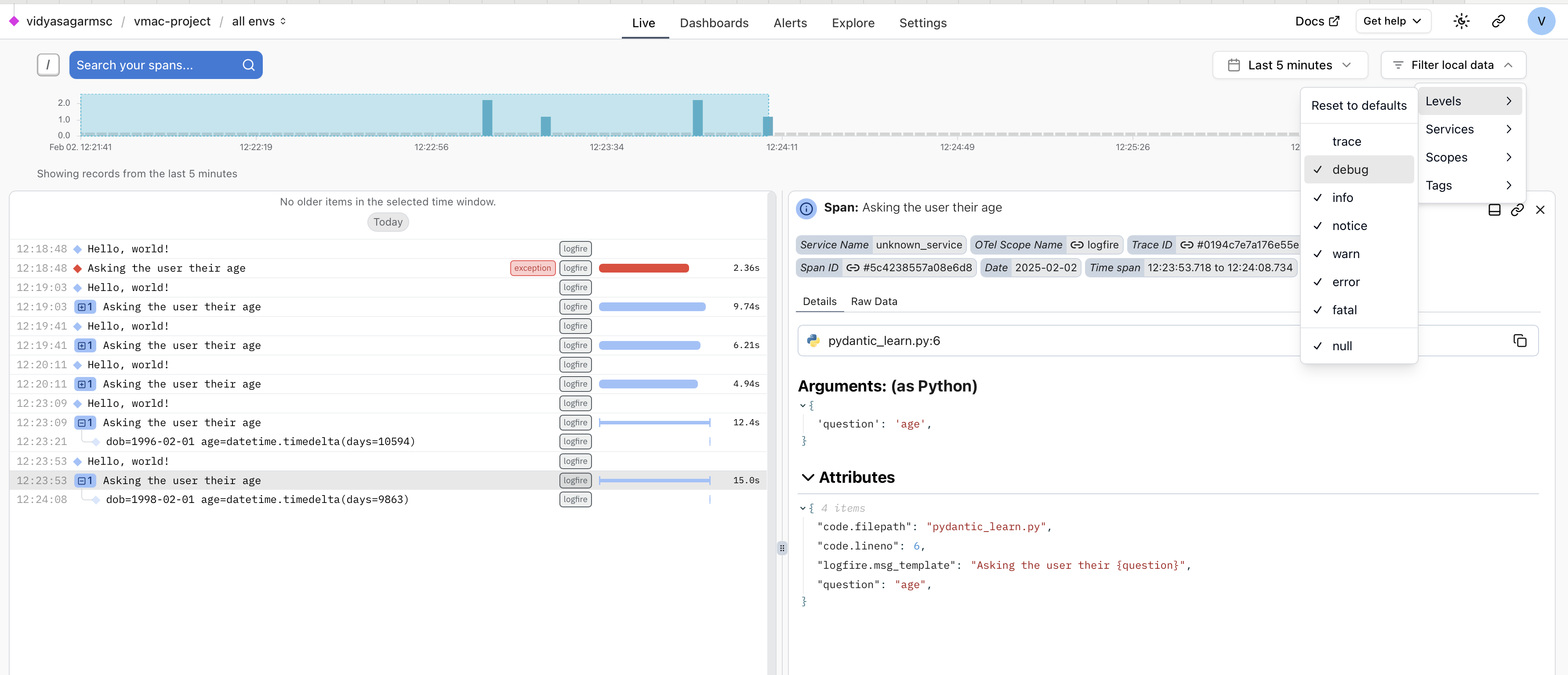 Logfire project showing spans