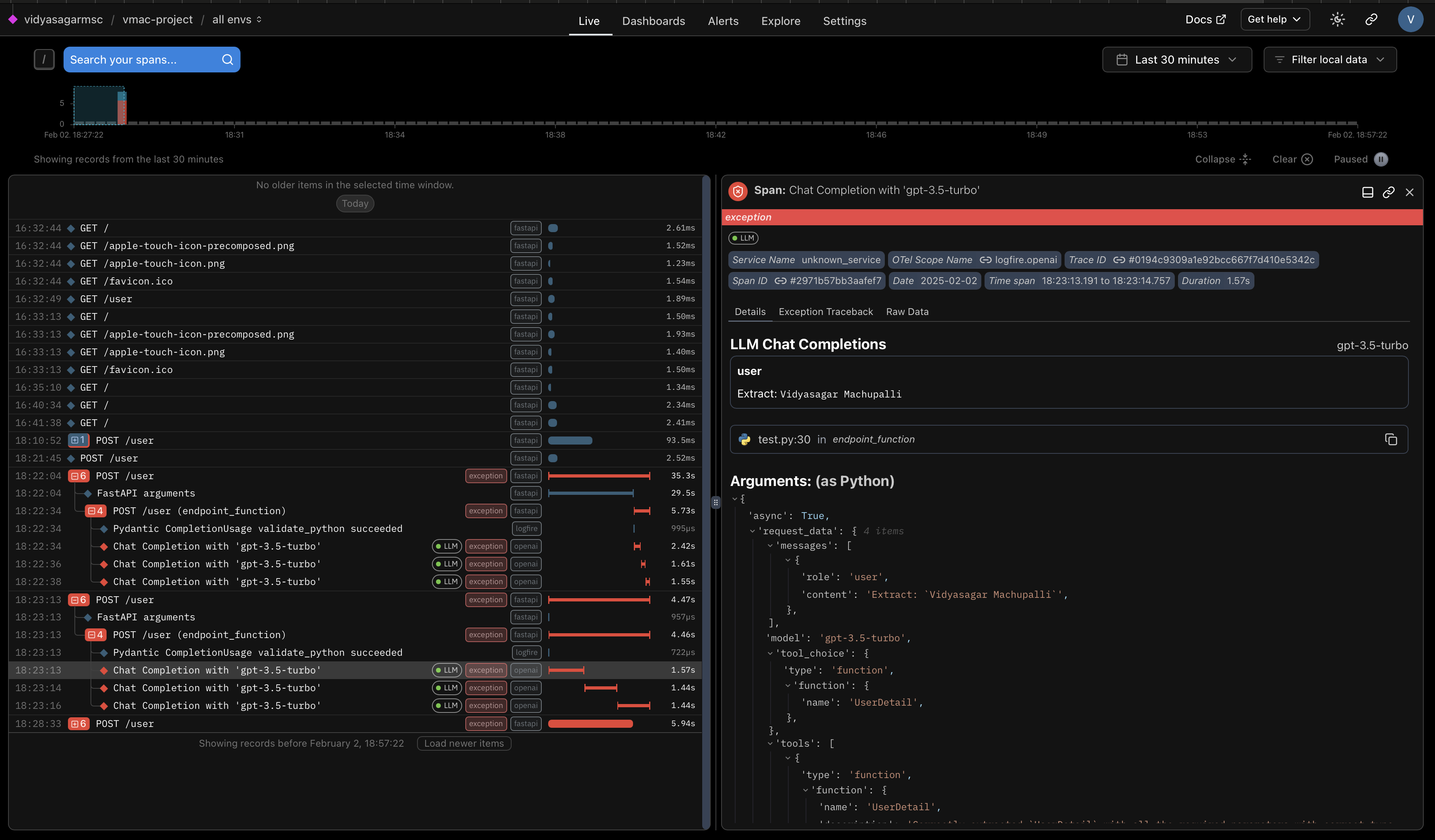 Logfire showing the quota exceeded error information