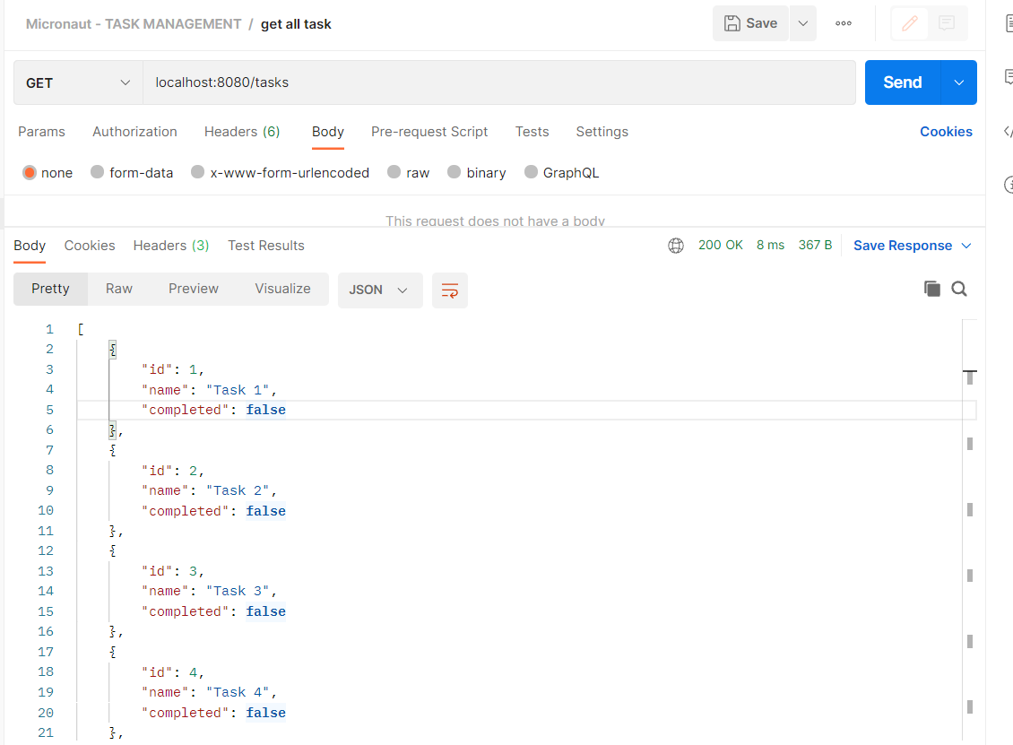 REST API: get all tasks – Postman output 1/2