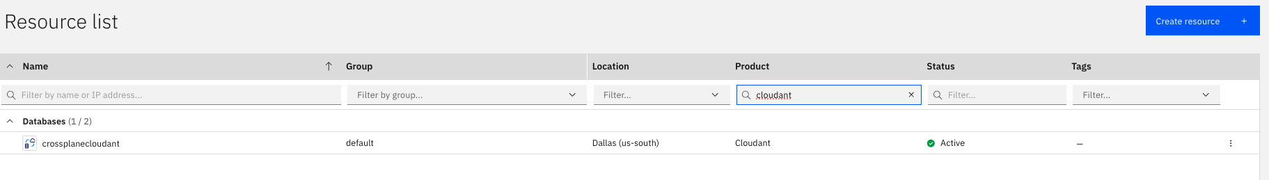 Provisioning a Cloudant DB named crossplanecloudant in IBM Cloud