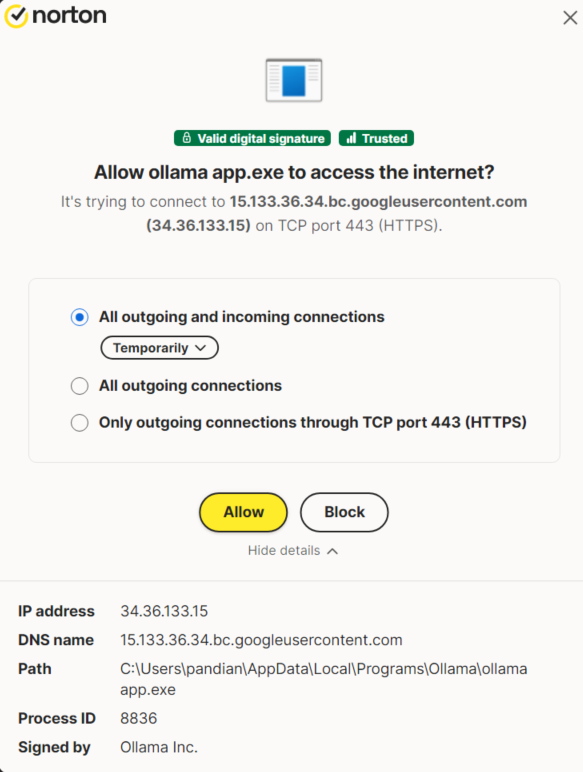AI model attempting to establish internet connection.