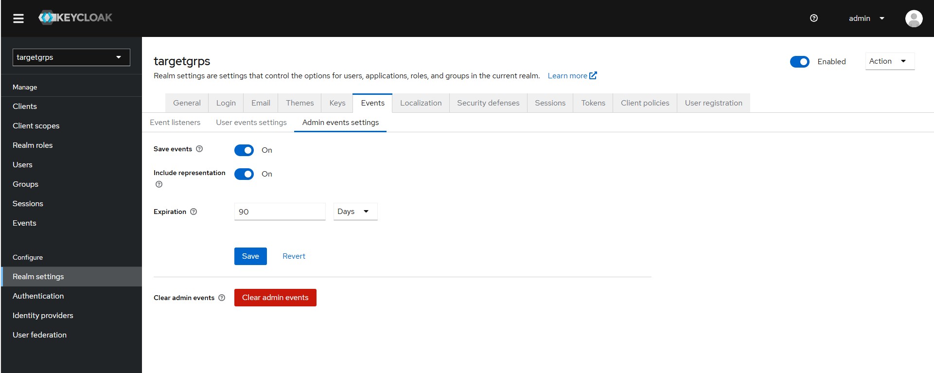 Configure what admin events need to log for the realm.