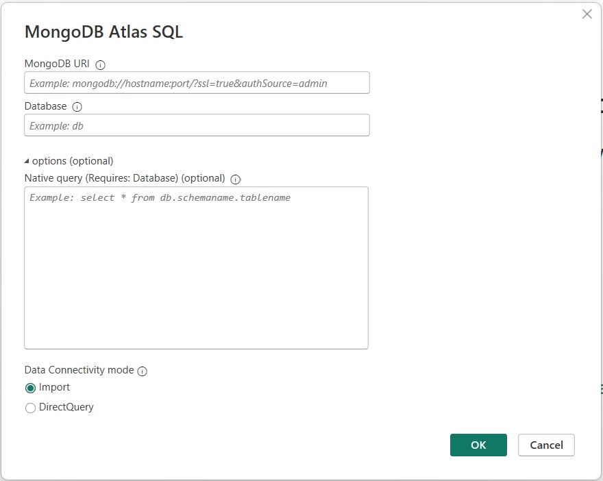 Fill in the MongoDB URL and the federated Database name