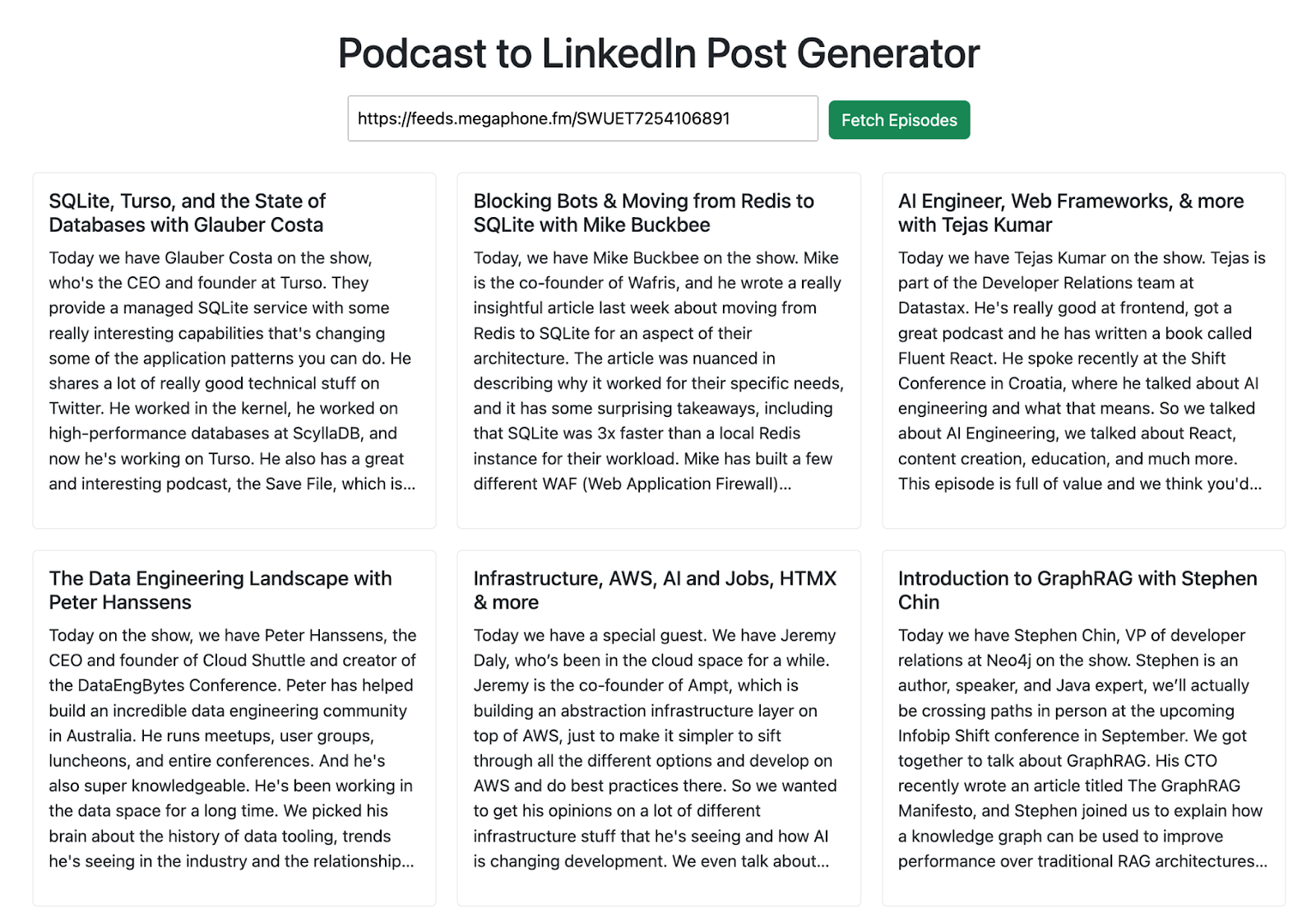 Podcast feed view in the LinkedIn post generator app