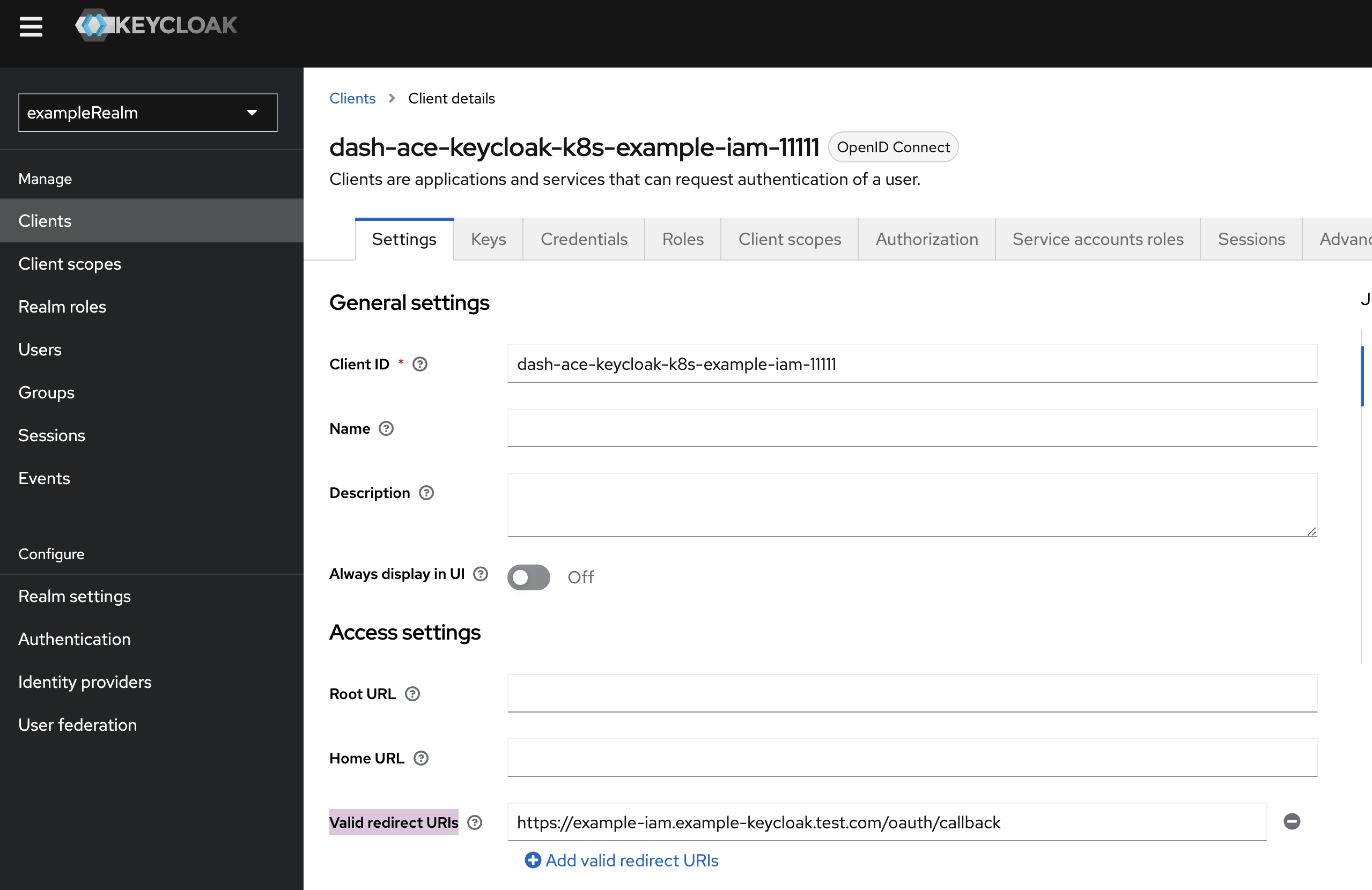 From your Keycloak admin console, use the navigation pane to select a realm from the drop-down list.