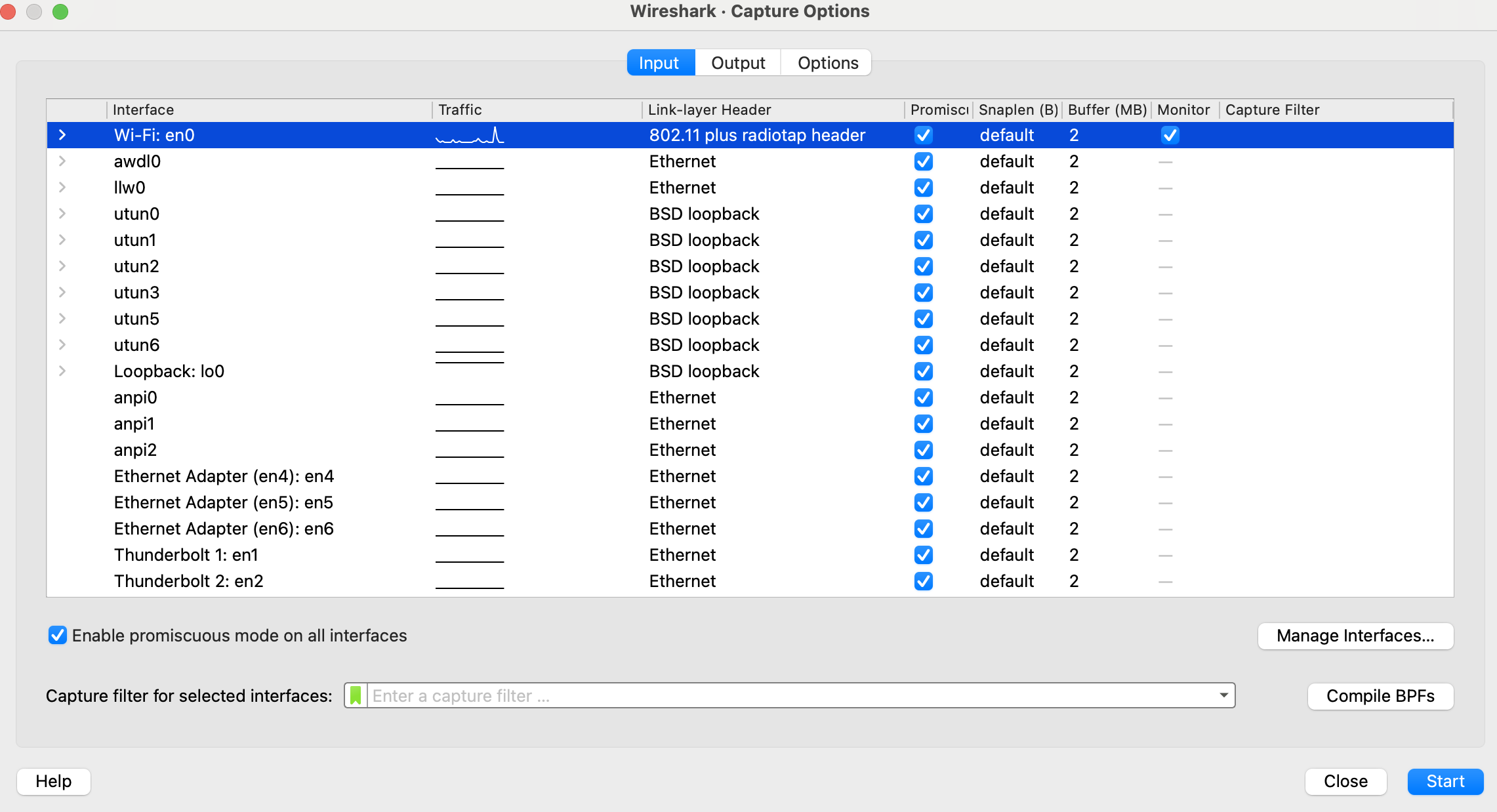 A screenshot of Wireshark capture options.