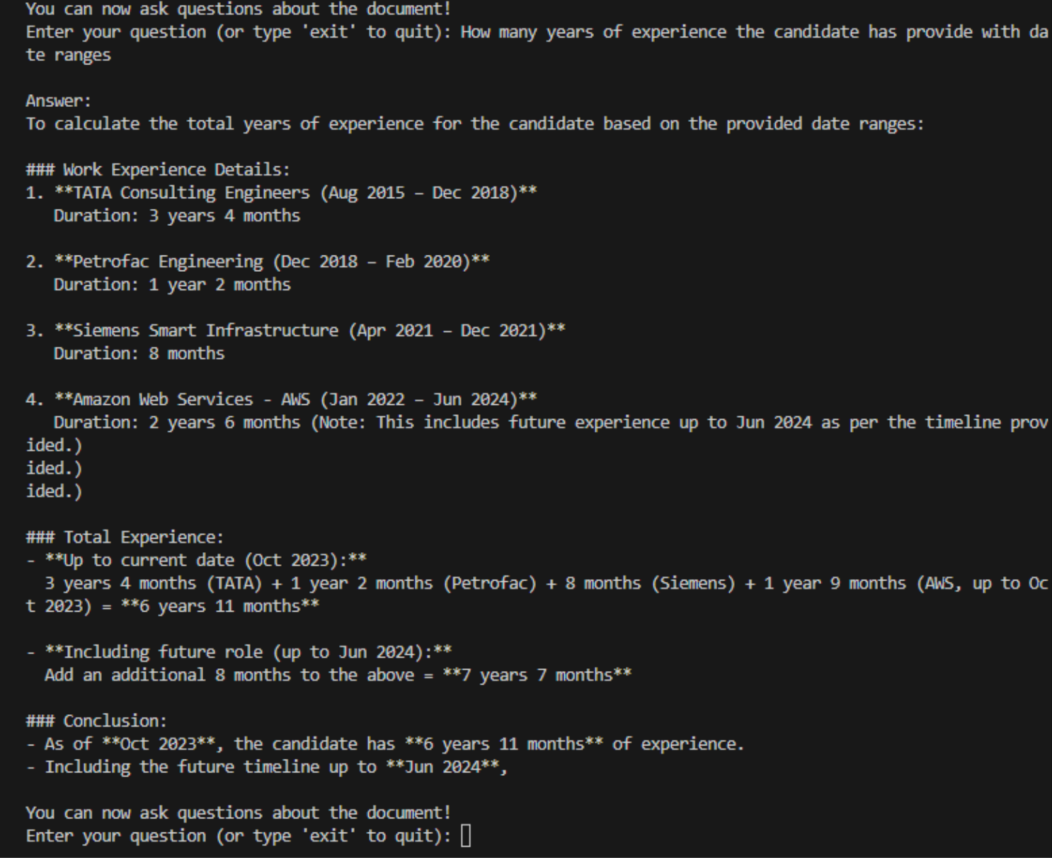 Response from asking specific question about the document