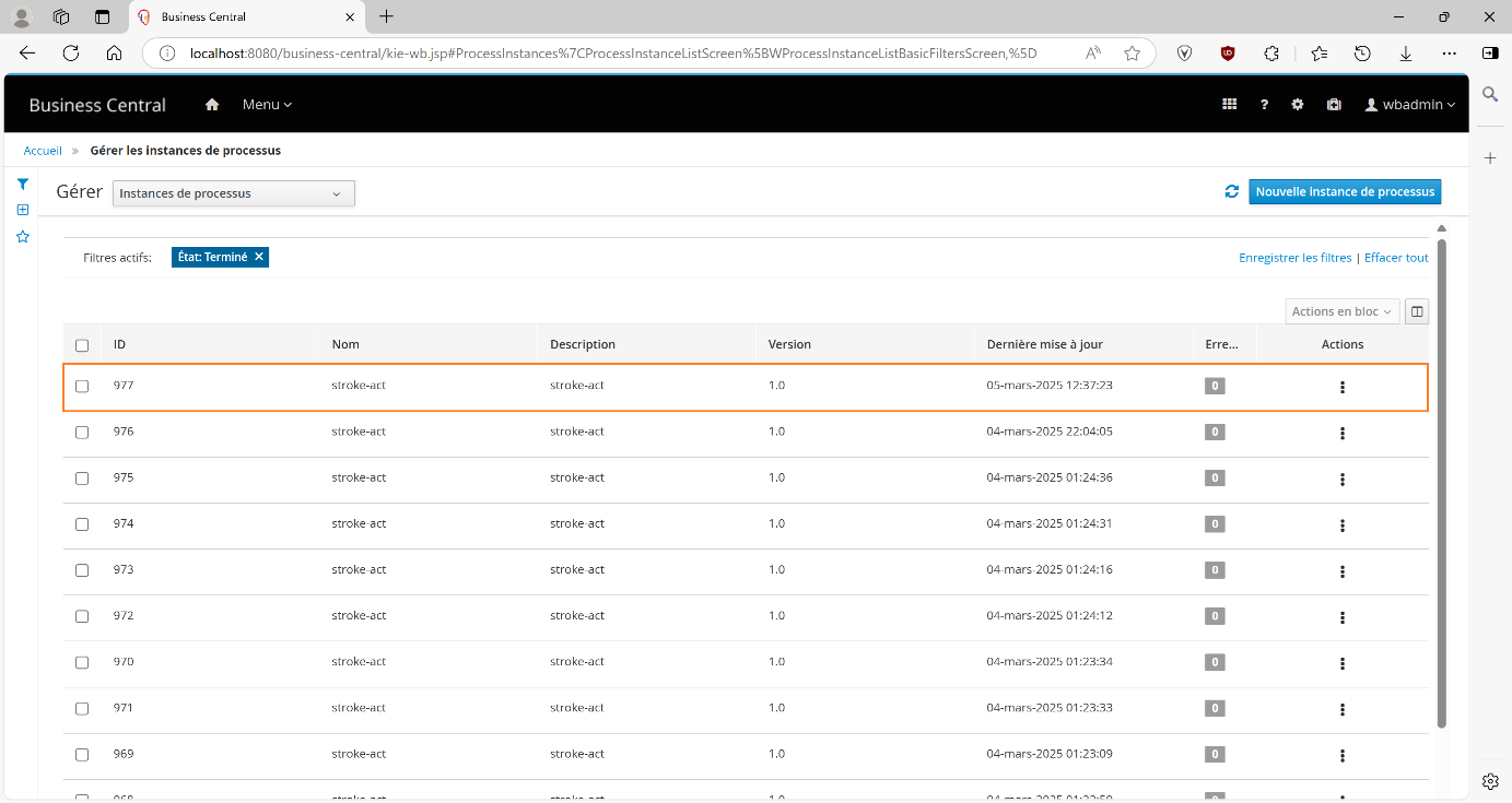 Figure 8 Process instance logging screen in jBPM displaying a prediction request (ID: 977) from a physicianProcess instance logging screen in jBPM displaying a prediction request (ID: 977) from a physician