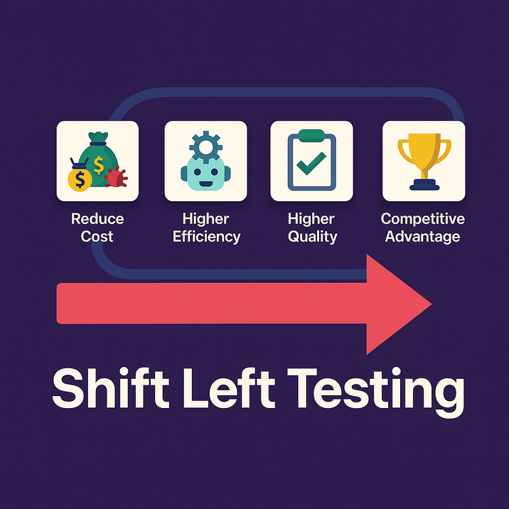 Graphic shows four benefits of Shift Left testing: reduced costs, higher efficiency, higher quality, and competitive advantage.