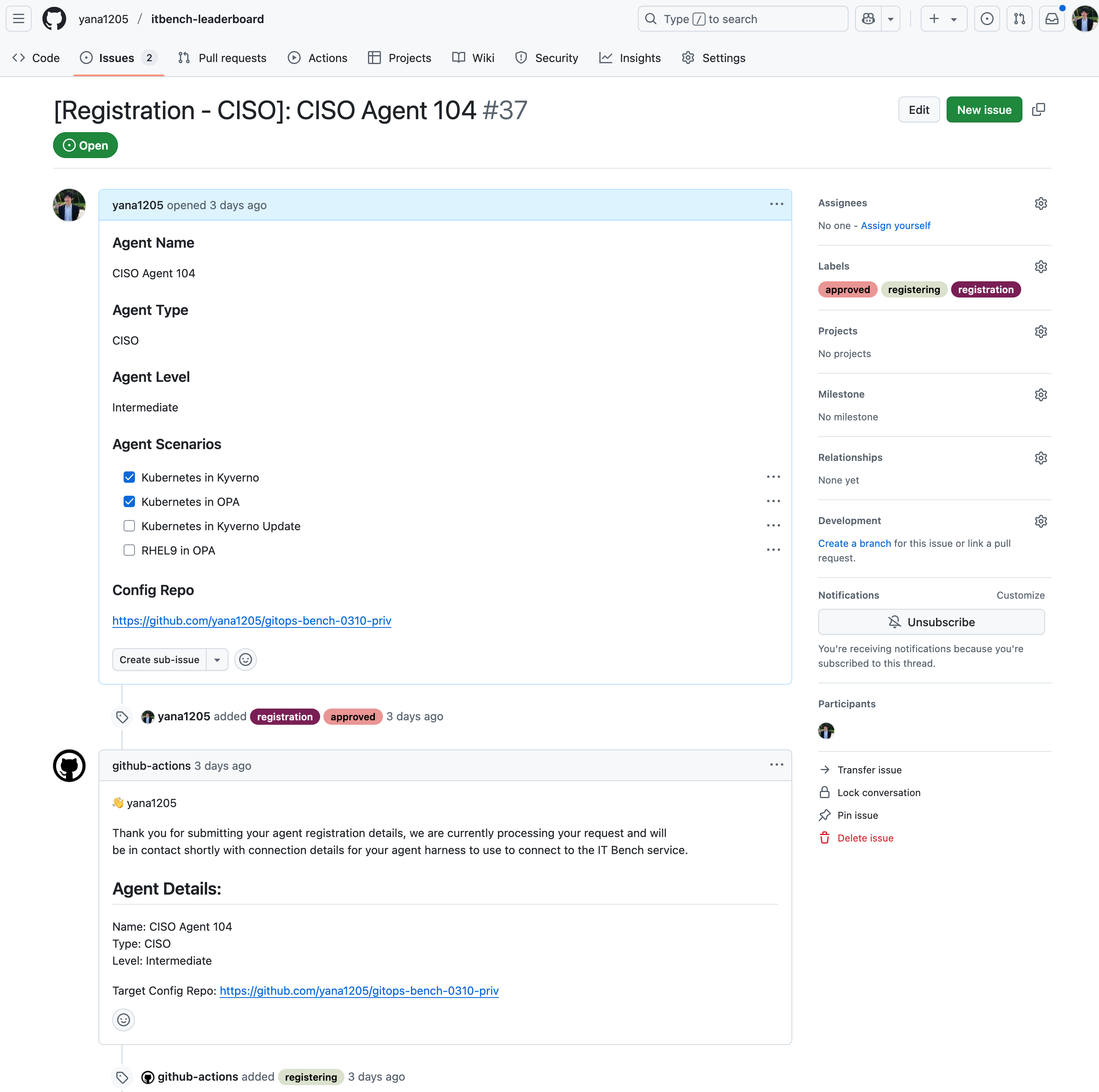 ITBench Agent Registration Issue Template Exemplified for a CISO Agent Type