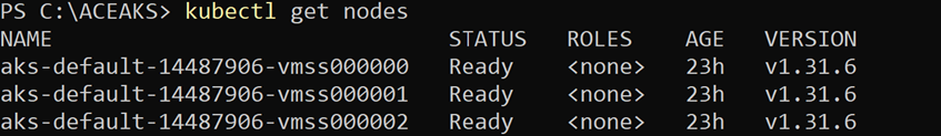 kubectl get nodes command output
