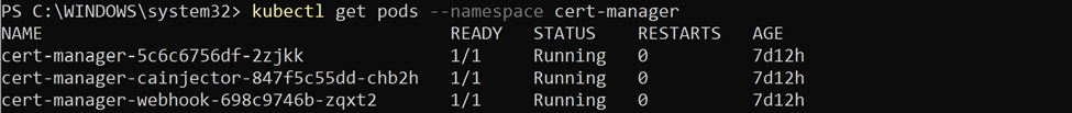 kubectl get pods --namespace cert-manager command output