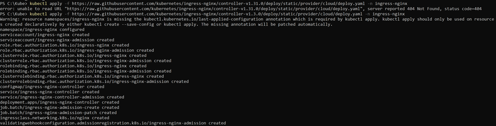 kubectl apply -f https://raw.githubusercontent.com/kubernetes/ingress-nginx/controller-v1.3.0/deploy/static/provider/cloud/deploy.yaml -n ingress-nginx command output
