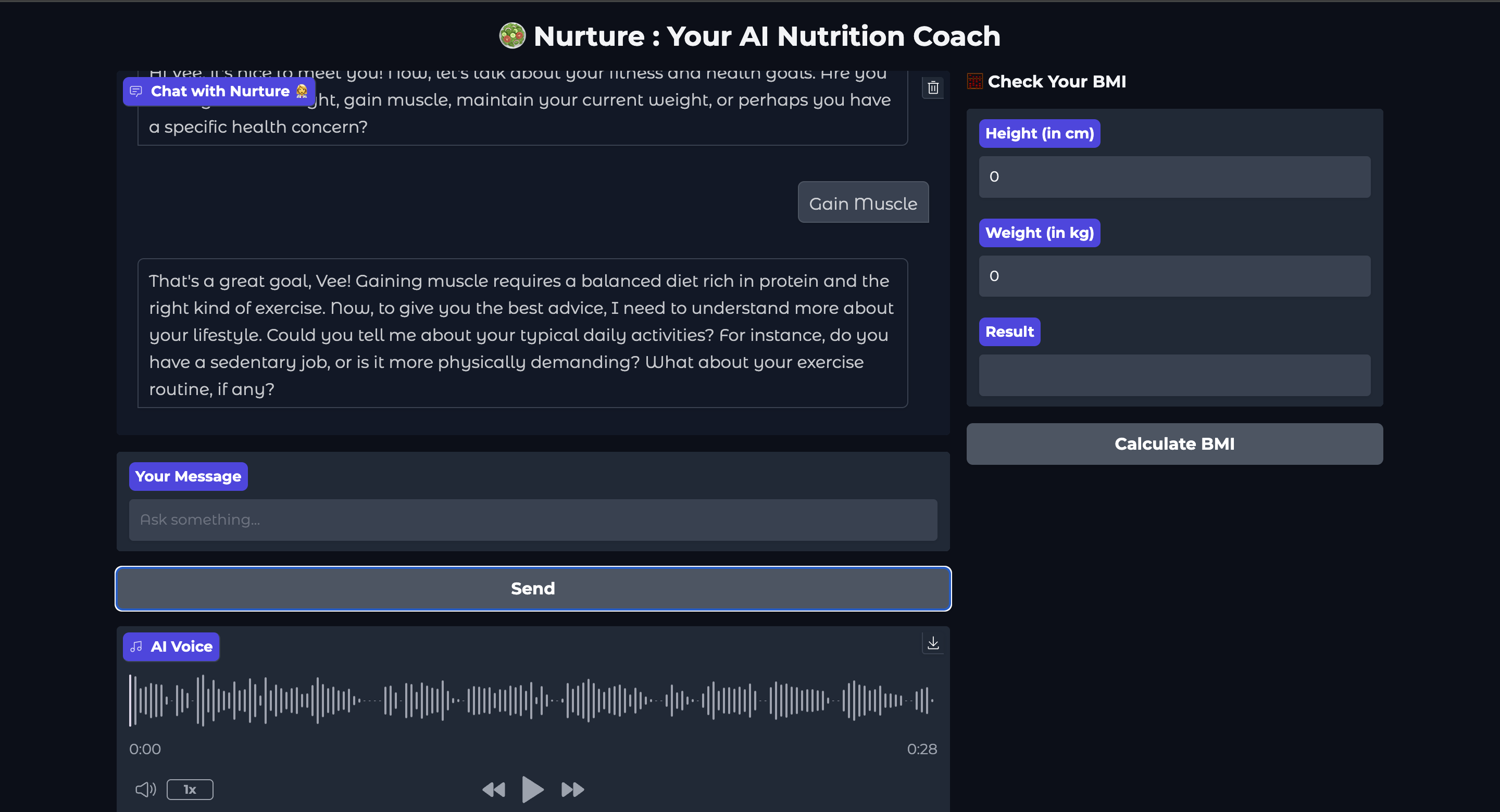 Sample Nurture: Your Nutrition Coach UI after running the code