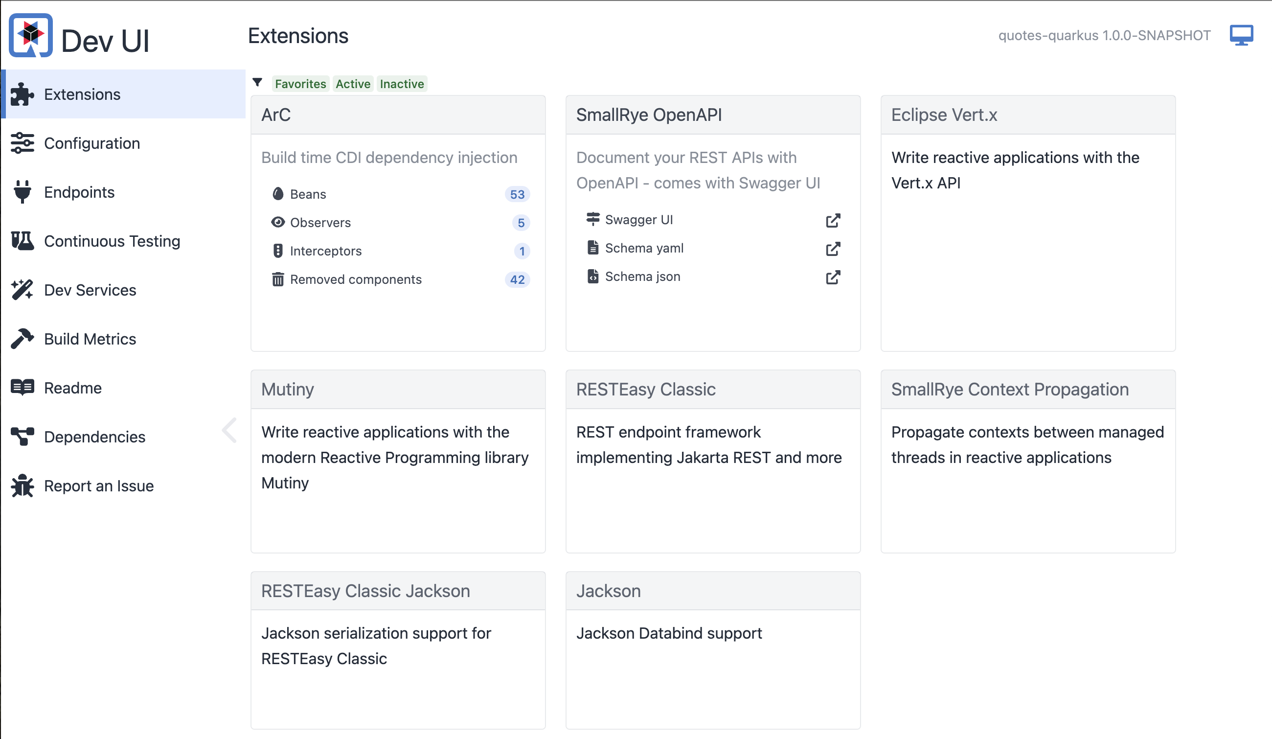 Quarkus developer UI