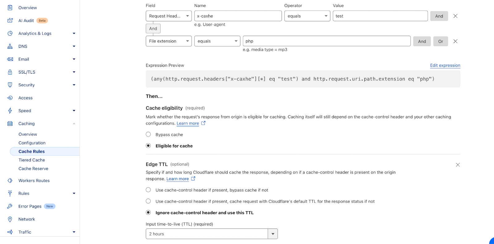 Example of cache rule configuration in Cloudflare