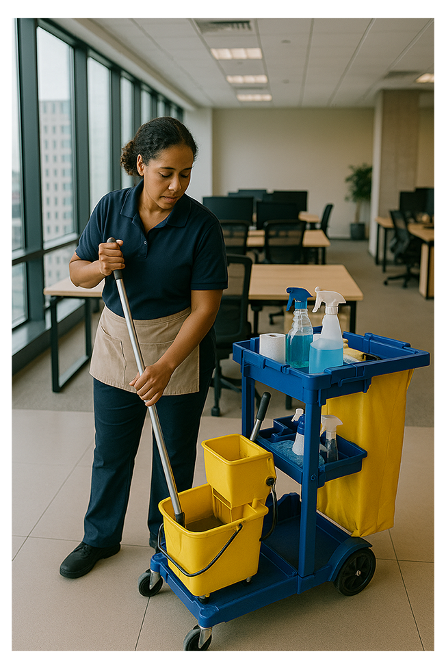 A generated photorealistic image of a person cleaning