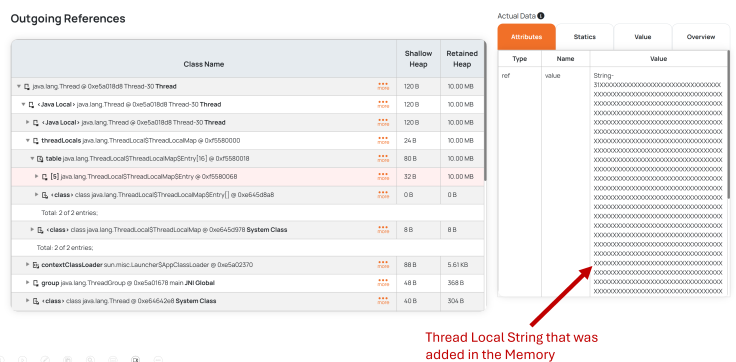 Outgoing Reference section shows the ThreadLocal strings