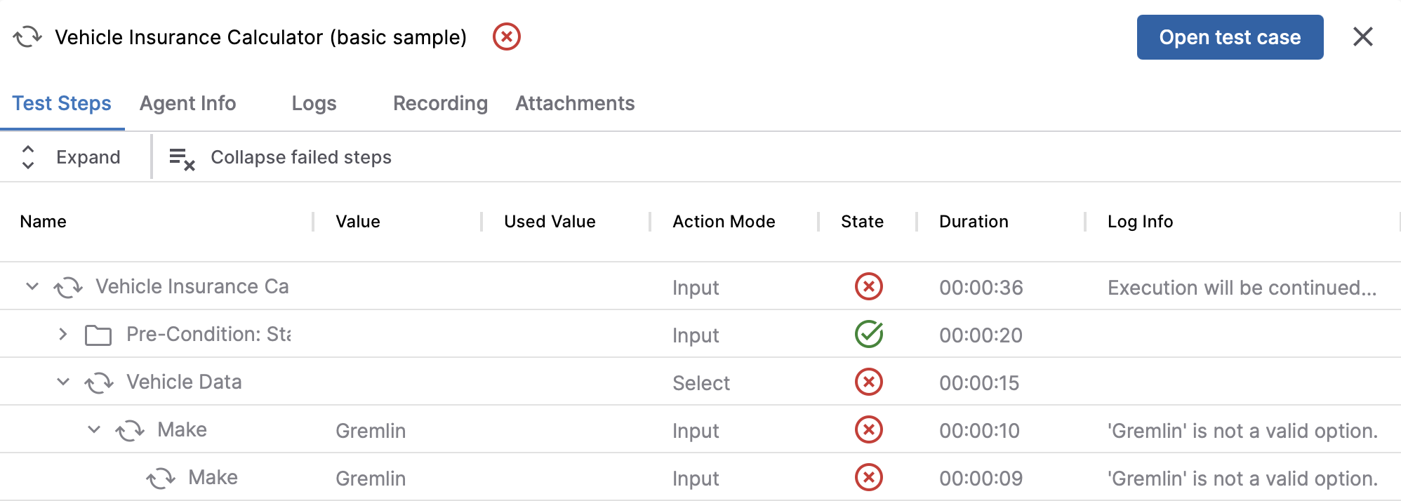 Click on a test and see details of it passed or failed