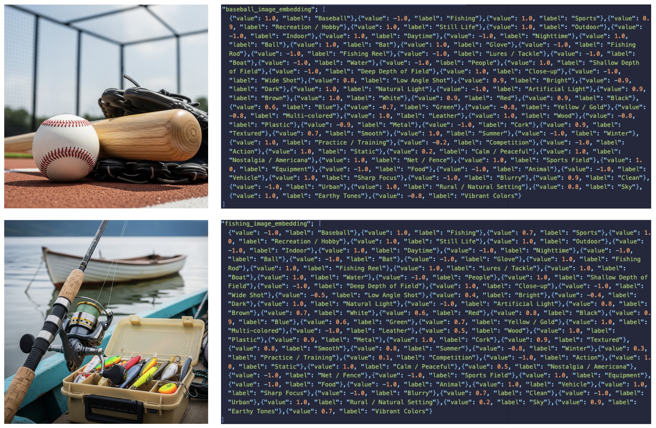 The generated JSON arrays for the two images