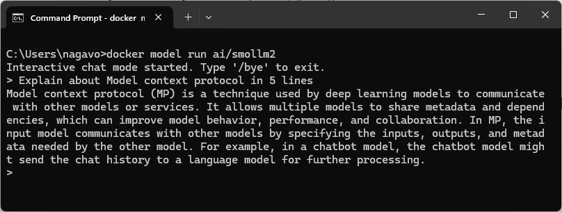 An image showing interactive chat mode started with the ai/smollm2 model