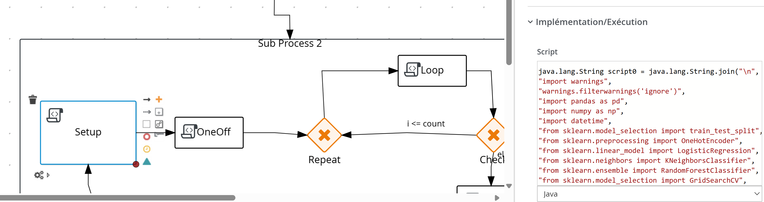 A script task executing Python code wrapped in Java via Jep within a jBPM business process