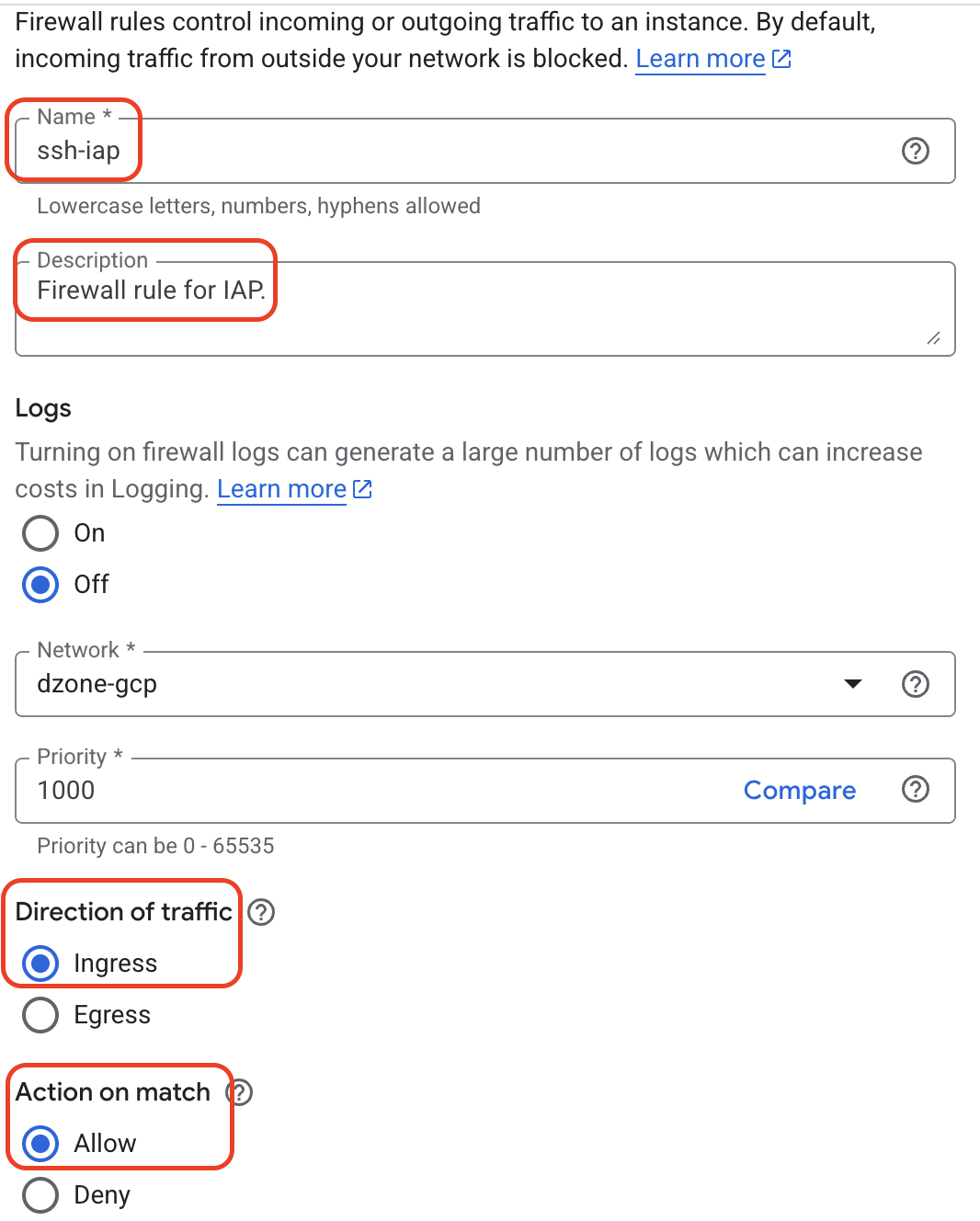 Specify name as ssh-iap, Firewall rule for IAP as the Description, Select the Direction of traffic as Ingress and select Action on match as Allow.