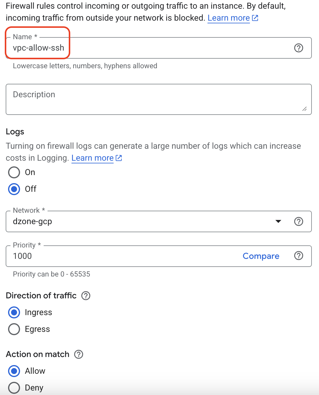 Specify the Firewall rule name as vpc-allow-ssh