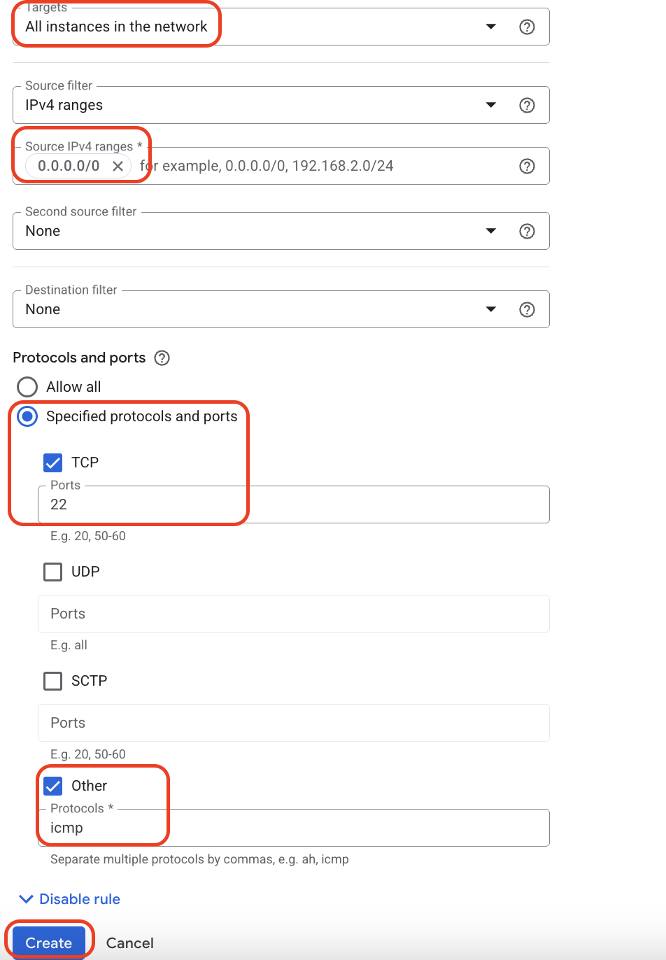 Source IPv4 ranges: 0.0.0.0/0 (allowing access from anywhere, but restrict this in production). Specify TCP 22, and other icmp. Click on Create.