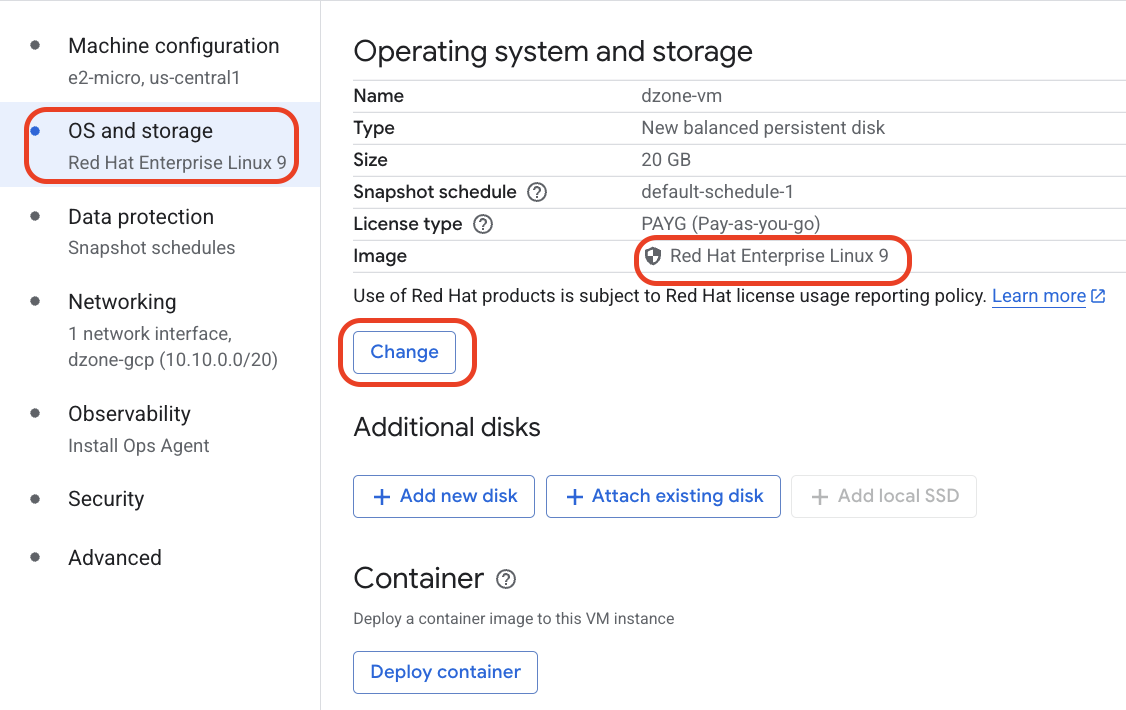 Click on OS and Storage and click on Change to change the OS from Debian to RHEL9.