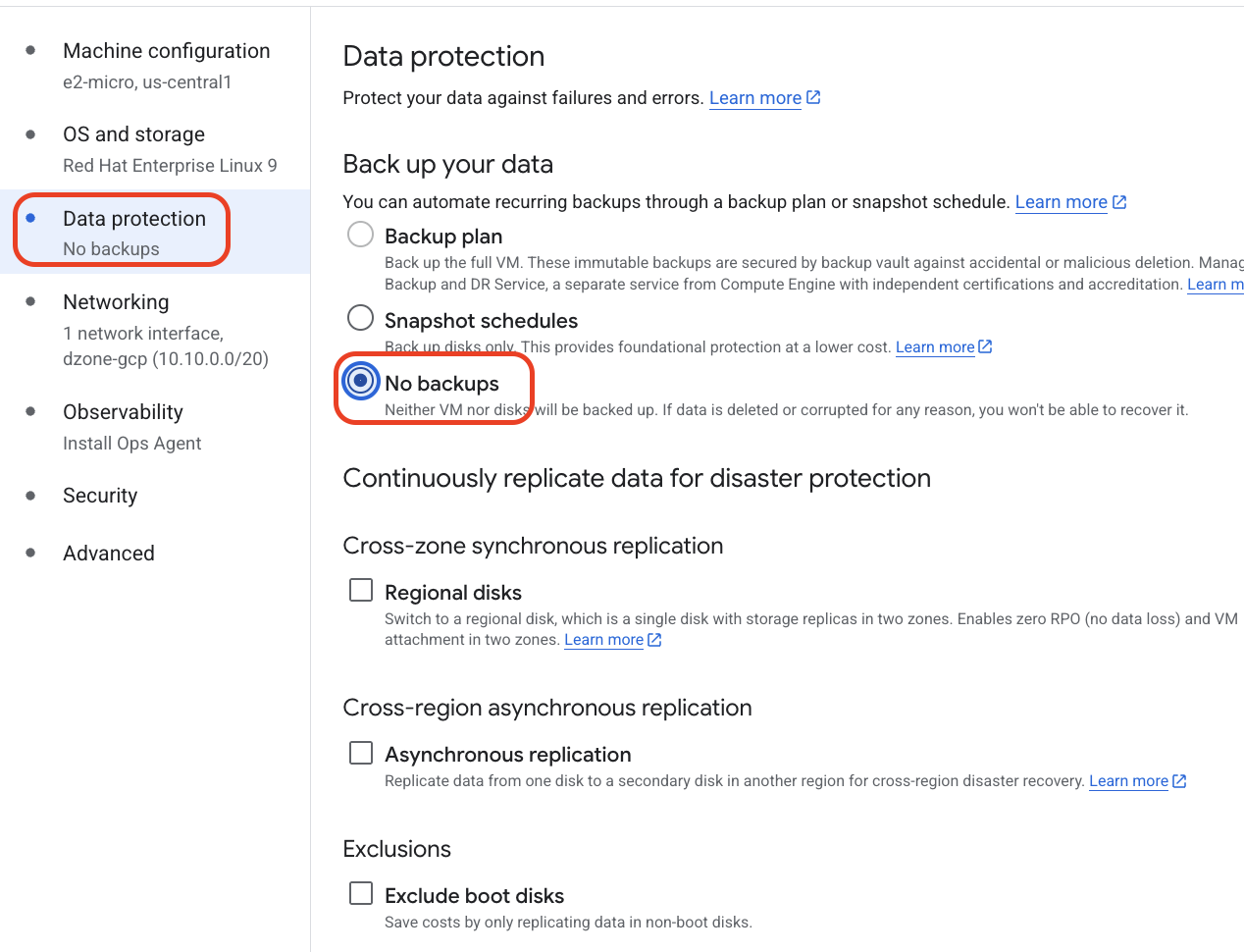 Click on Data protection and select No backups