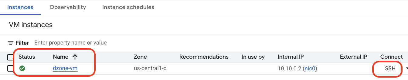 Notice that the VM dzone-vm is running successfully, then click on SSH.