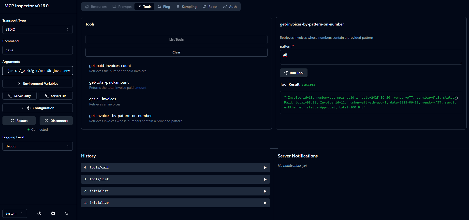 Execution of get-invoices-by-pattern-on-number tool