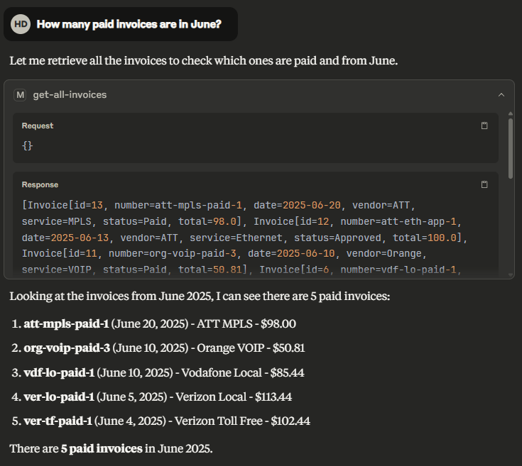 AI assistant Claude Desktop invokes the designated MCP server tool and provides the correct answer.