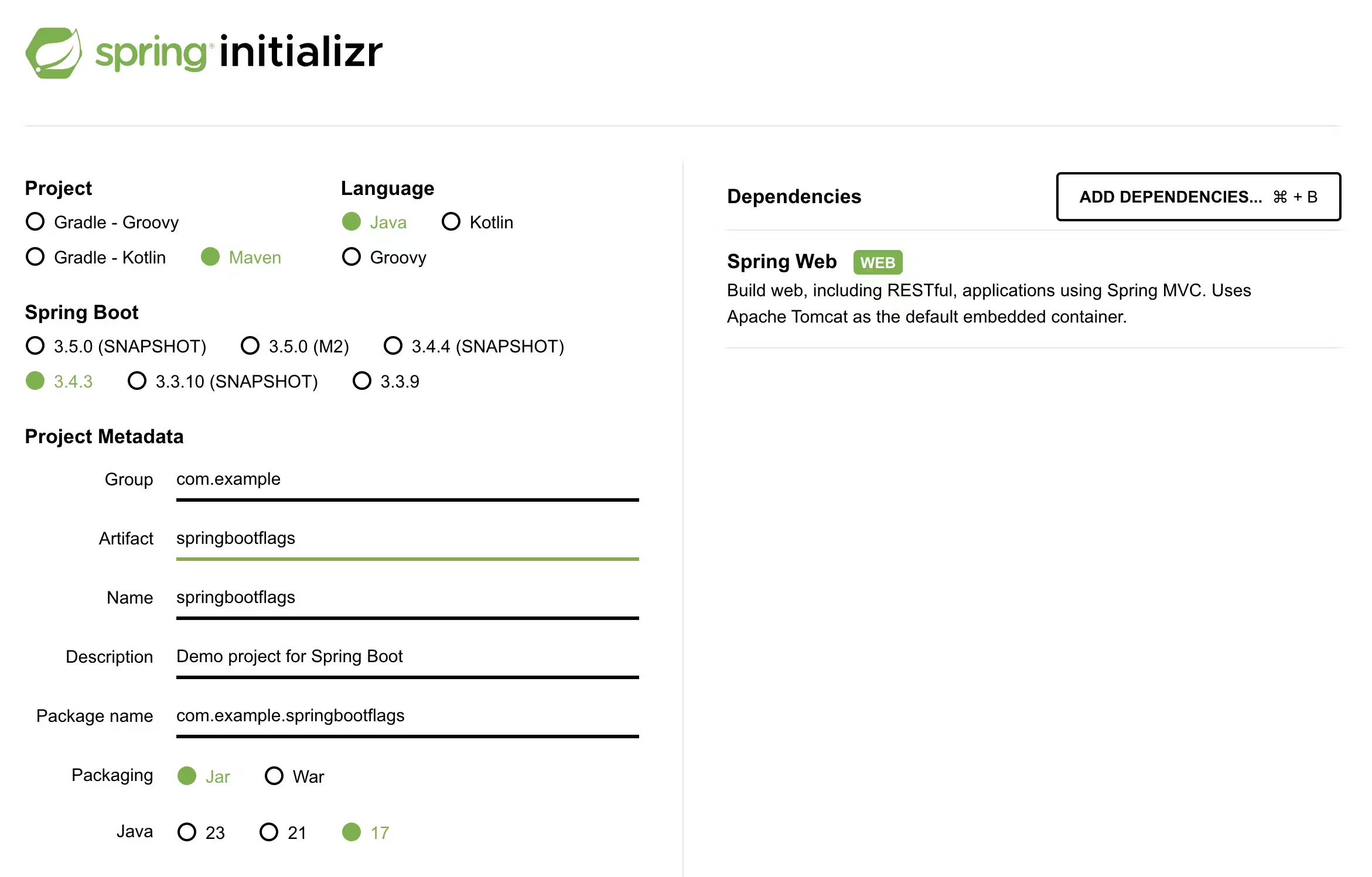 Screenshot of the Spring Initializr with the configuration described above
