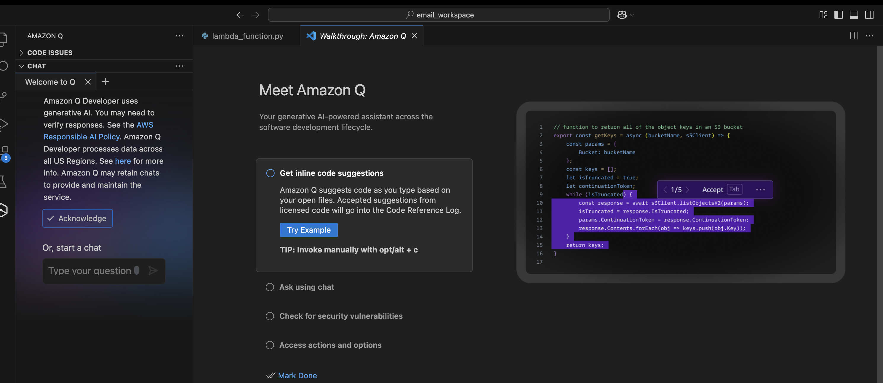 Authenticated AmazonQ in VS Code