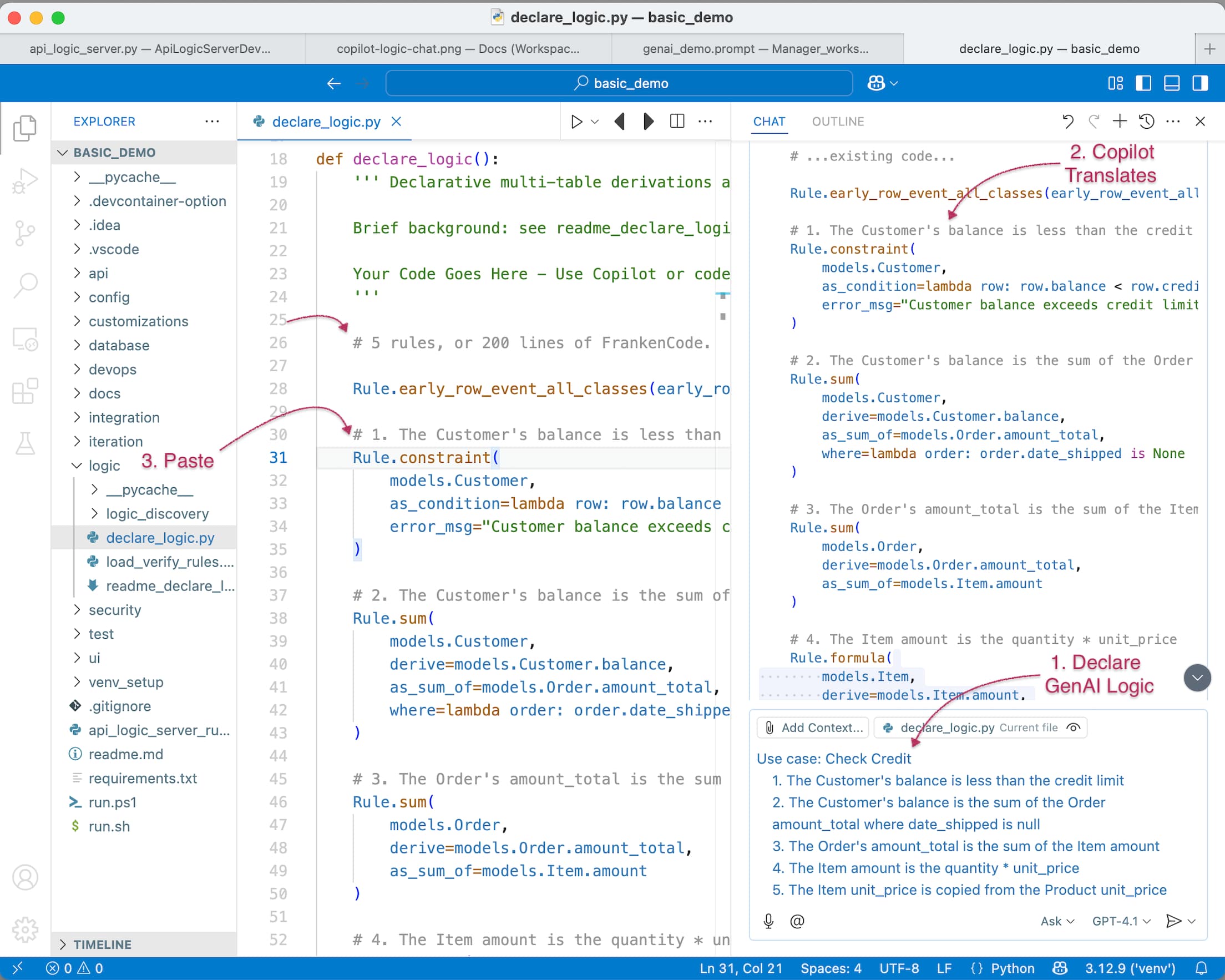 Declare logic with natural language, and /or code completion