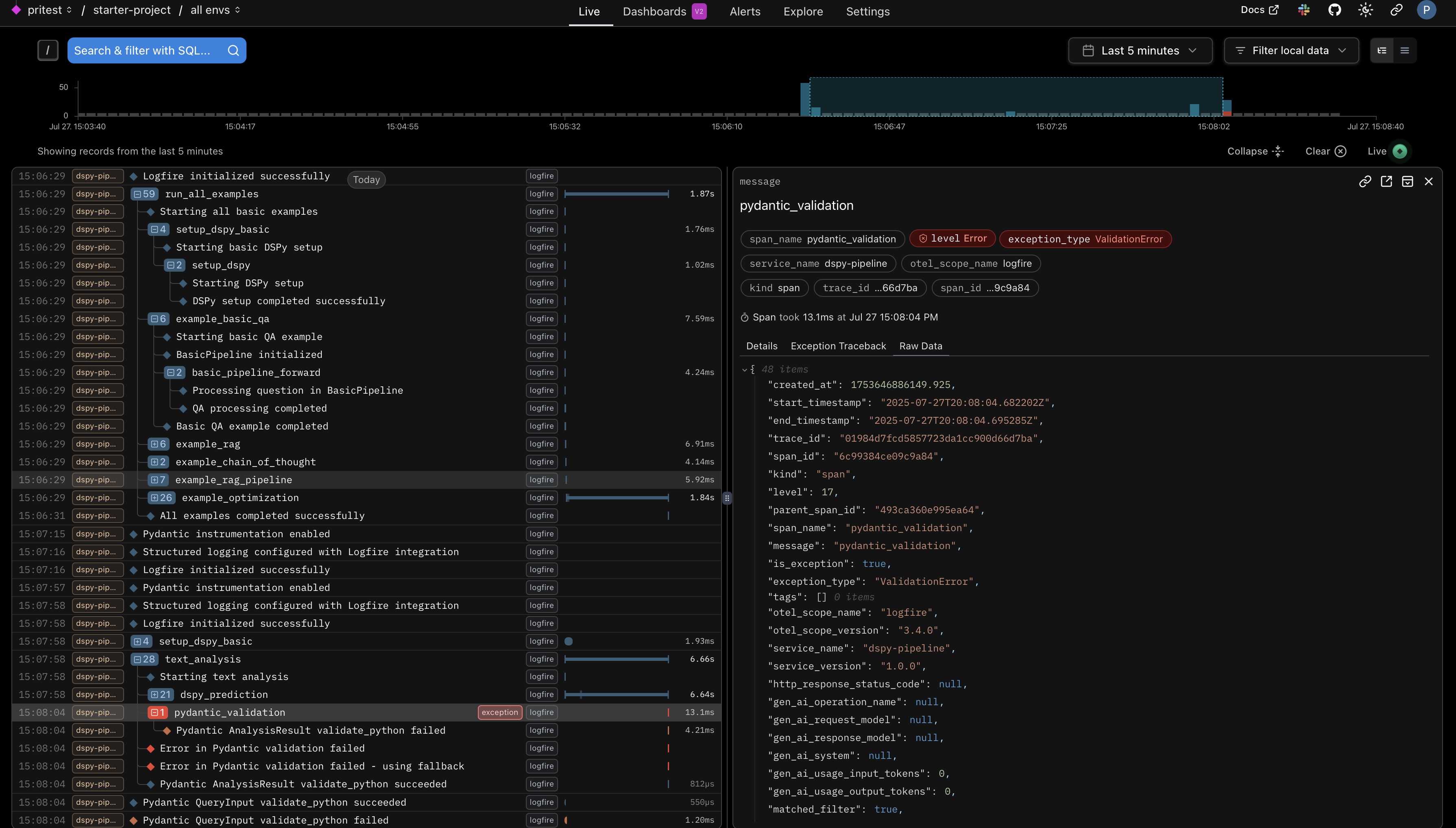 LogFire dashboard showing the logs