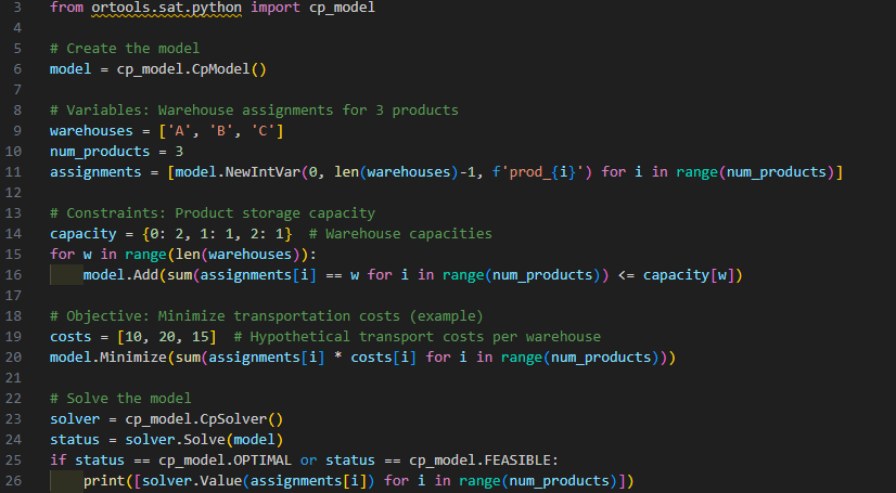 Image of code created to use Using Google OR-Tools to define a simple CP model for warehouse allocation.