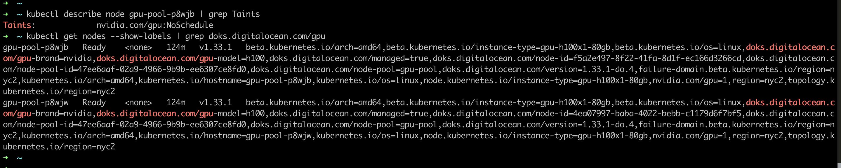 The GPU-enabled nodes that had the Nvidia device plugin running had these taint and label