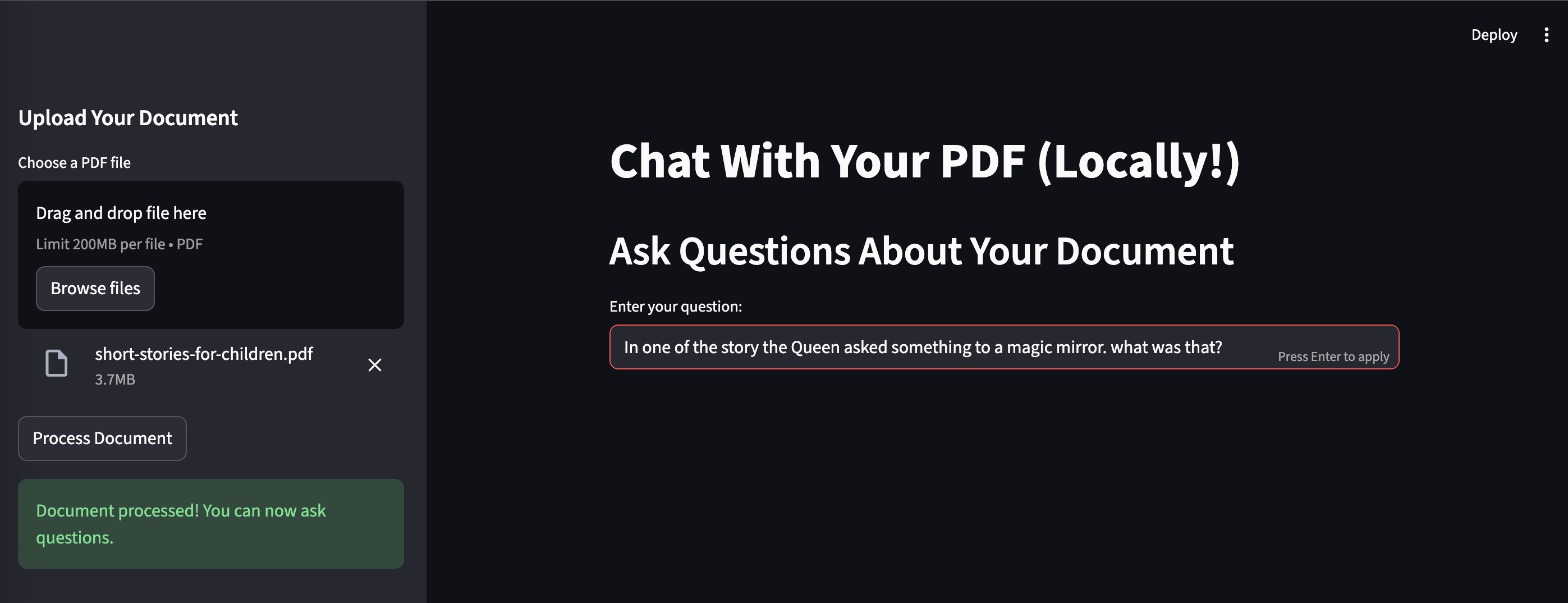 pdf processed and a question is asked in chat