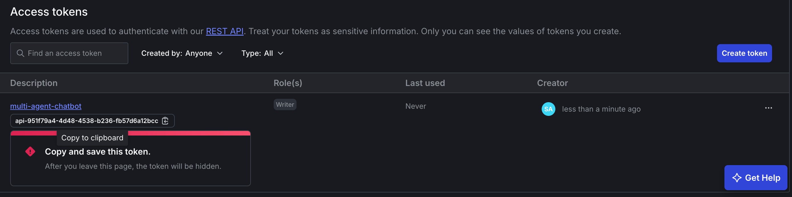 Copy the token value immediately — it's only shown once