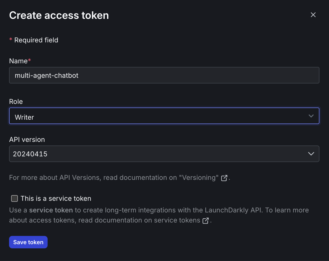 Configure your token with a descriptive name and Writer role
