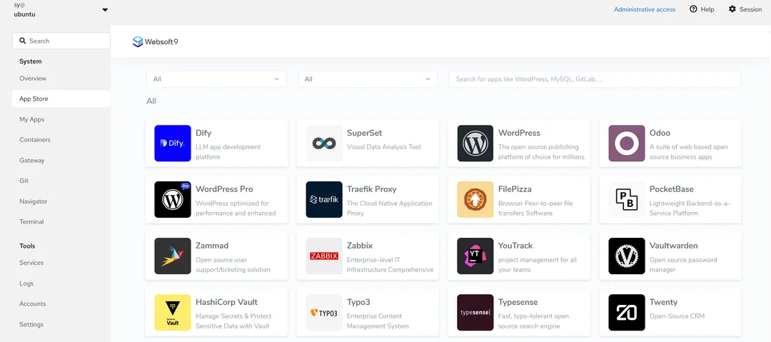 Websoft9 App Store page